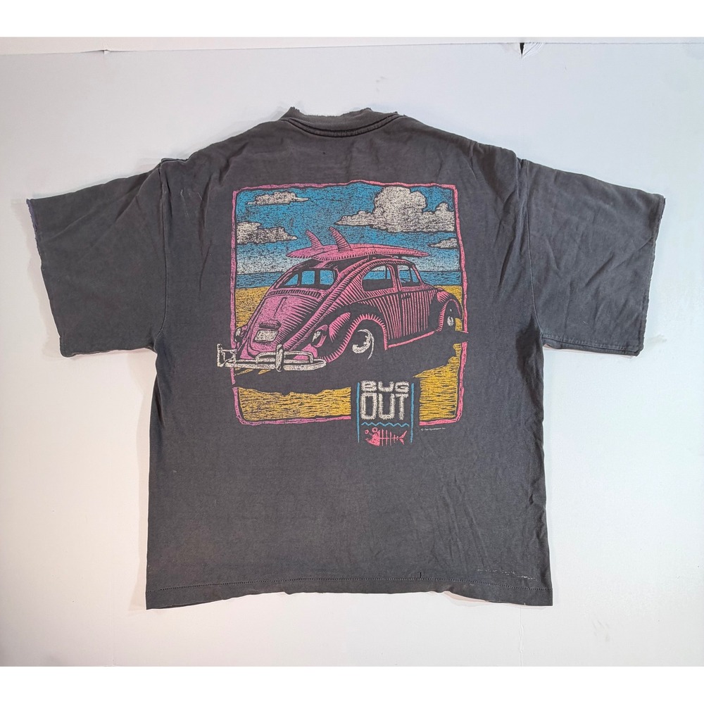 Vintage Sun Sportswear Bug Out VW Beetle Surf T-Shirt Faded Black Distressed XL